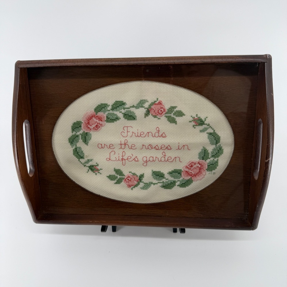 Traditions Vintage Wood Serving Tray Glass Cross Stitch Friends Roses Garden